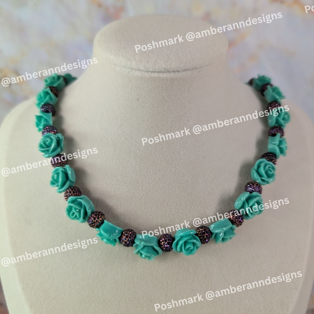 One Of A Kind Turquoise Rose Choker Necklace with Sparkly Purple Accents